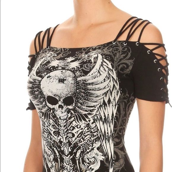 platinum plush Tops - Eyelet Strappy Rhinestone Skull Top Black NWT